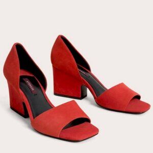 Uterqüe suede open toe block heels with leather lining and soles. Women's size 8